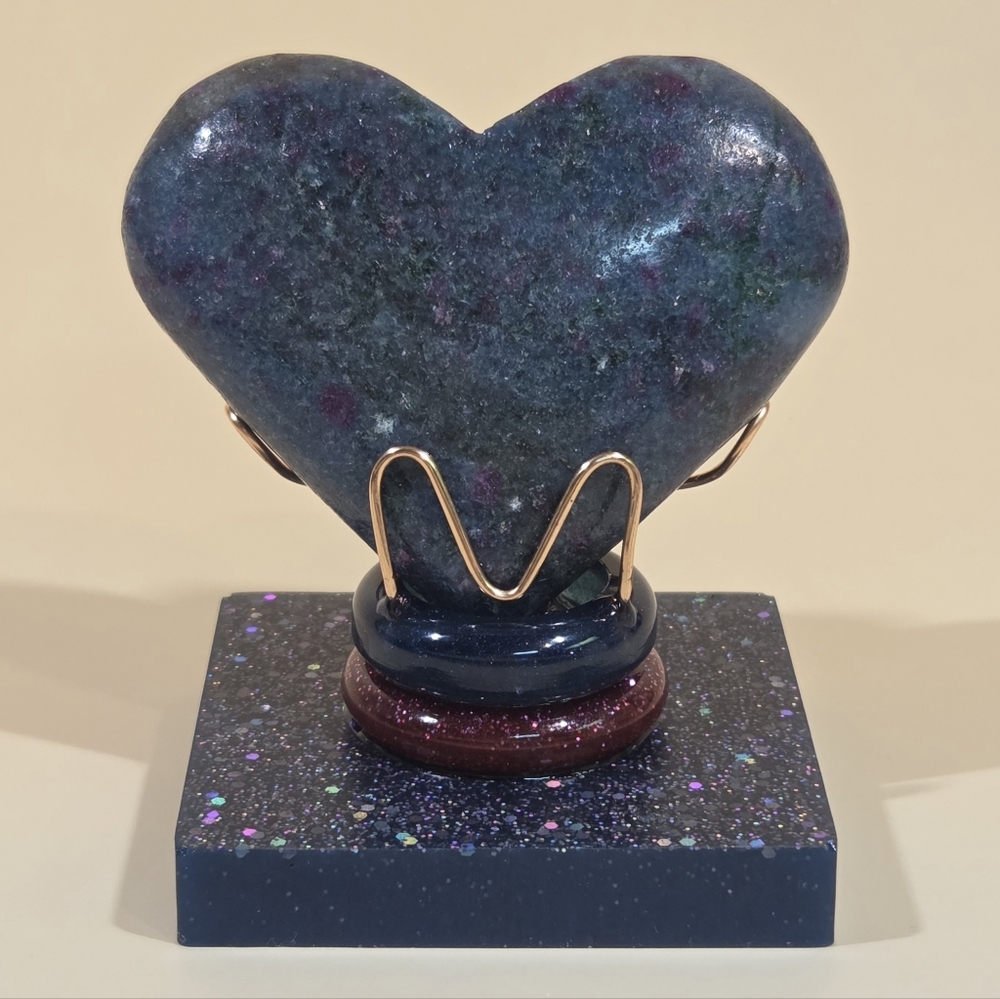 Natural Ruby Epidote Handcarved Heart On Handmade Resin/ Solid Bronze Display